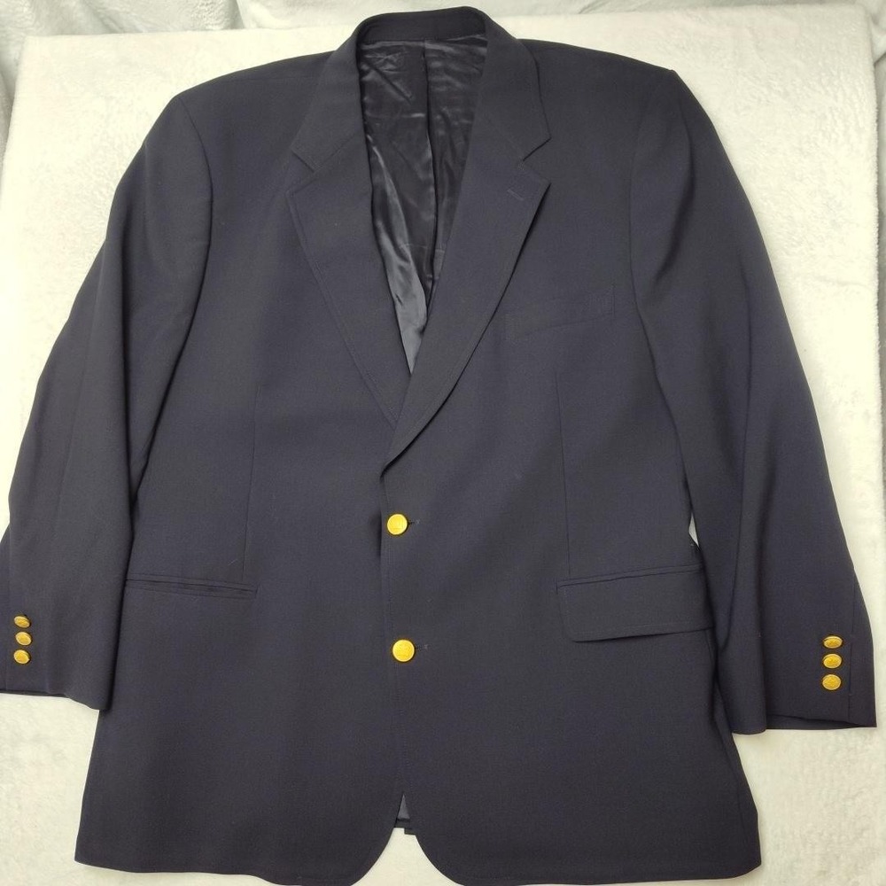 Brooks Blazer Mens 48R Blue Wool Spandex 2 Button Notch Stretch Gold Buttons